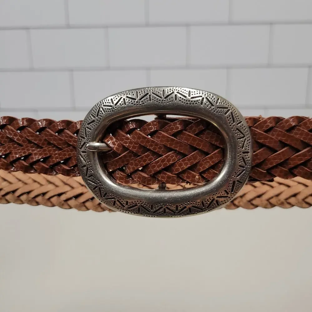 ADR Brown Braided Leather Belt Oval Engraved Buckle Women's Size S/M
